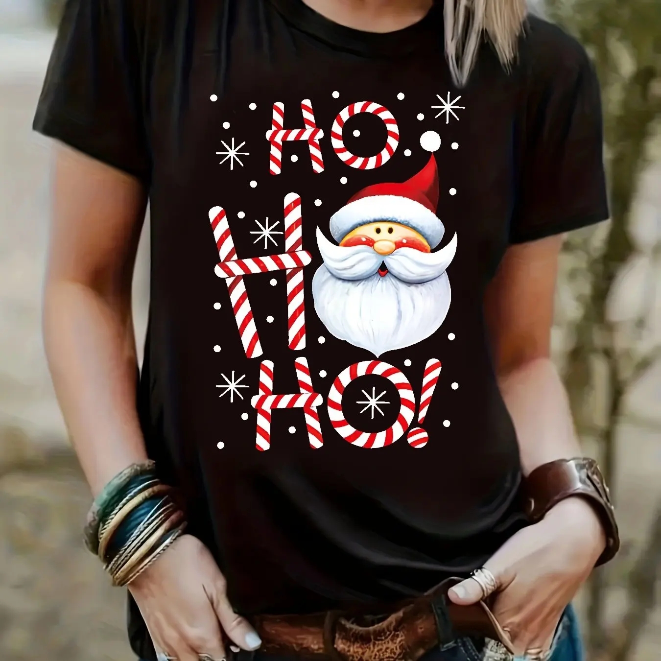 Festive Christmas Santa Claus Graphic Print T-Shirt Casual Short Sleeve CrewNeck Top For Women Holiday Season Essential Clothing