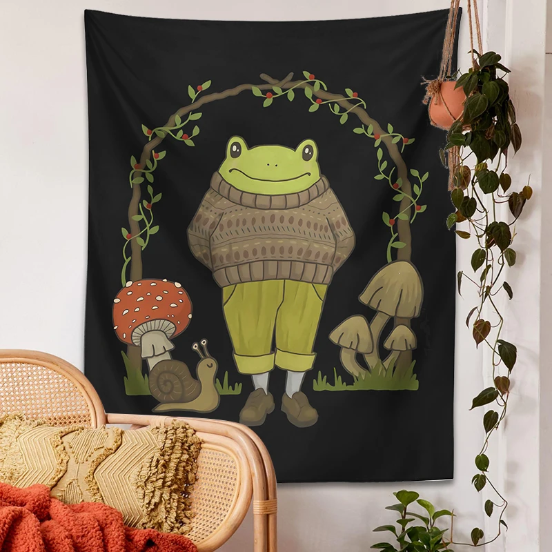 Frog mushroom Tapestry Wall Hanging Cartoon Aesthetic Frog Cute Cottagecore Froggy for Living Room Kids Room Bedroom Wall Art