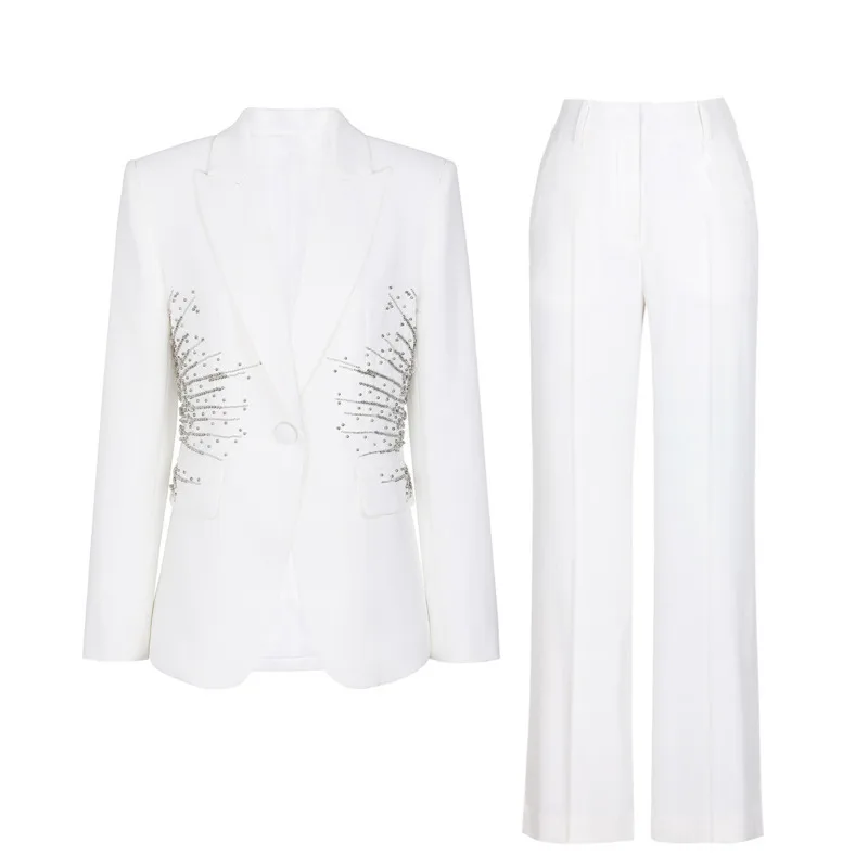 LEOSOXS ツーピース レディース セットアップ ラインストーン装飾ブレザー＆テーラードパンツ 永遠の高級感と洗練されたスタイル 2025