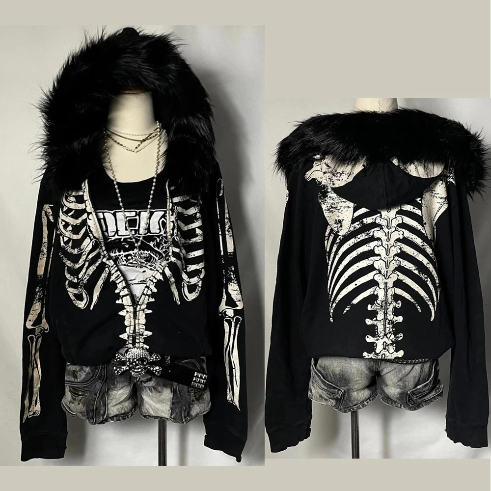 Subkultur Punk Hoodie Jacke Schwarz mit Kunstpelzkragen Subkultur-Print Reißverschluss Langarm Y2K Streetwear Damen Oberbekleidung 2026