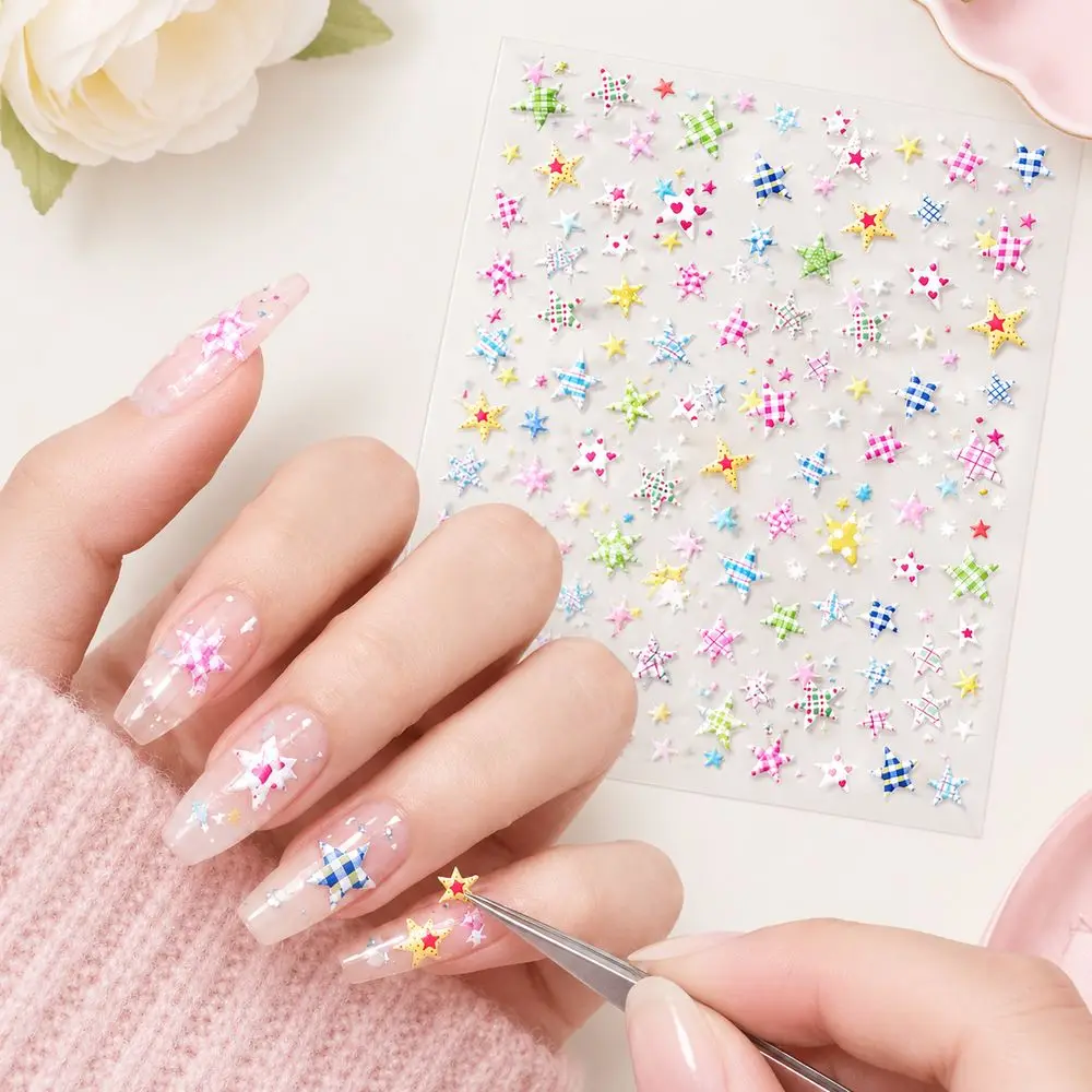Star Nail Stickers 1Sheet 5D Embossed Plaid Pentagram Decals Sweet Cool Style For Home DIY Press‑On Nails Manicure Art Supplies