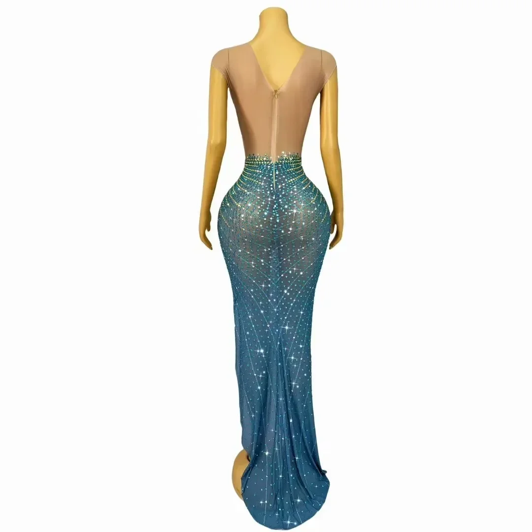 Sexy Birthday Party Outfit Performance Costume Special Designed Elegant Evening Gown Blingbling Rhinestones High Split Dress