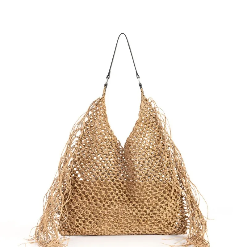 

Лето 2025 г., сумка на плечо ручной работы из бумажной ткани, модная сумка-тоут с кисточками, большая вместительная сумка, пляжная сумка для отдыха