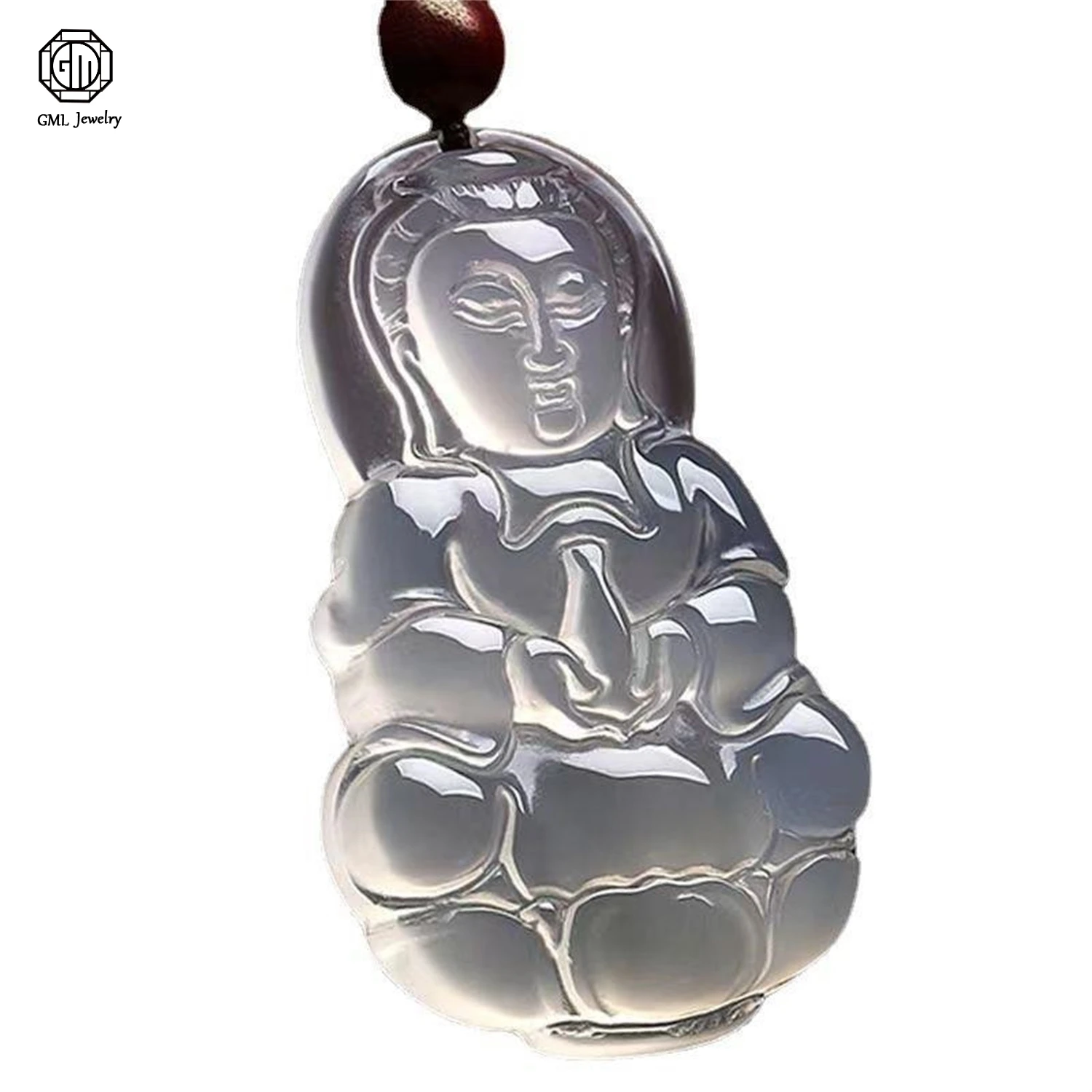 Natural White Agate Ice Chalcedony Buddha Pendant Necklace Jewelry Gift for Women Men Carved Polished Smooth Shiny Hang Amulets