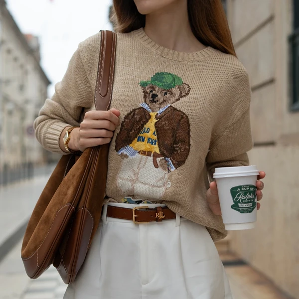 

Loose Fit round Ne Knitted Sweater Cotton Bear Cartoon Design Casual Sle Women's Faion Autumn Winter Wool Blend Top