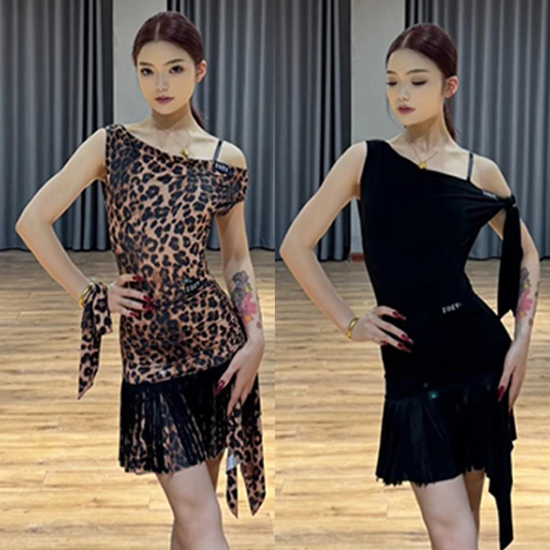 

Latin Dance Dress Women Black Lopard Tops Fringe Skirt Club Rumba Samba Salsa Dance Performance Clothes Practice Wear DNV23729