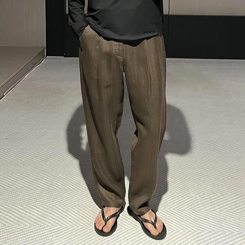 Pantaloni di lino tinta unita da uomo alla moda Pantaloni di lino dritti larghi drappeggiati casual autunnali Pantaloni di lino vintage da uomo streetwear