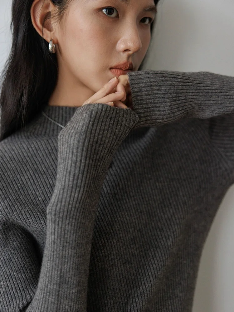 

Slim Fit Long Sve Knitted Pure Color Simple Versatile Base irt Unique f High Collar Overhead Women's Faion Top