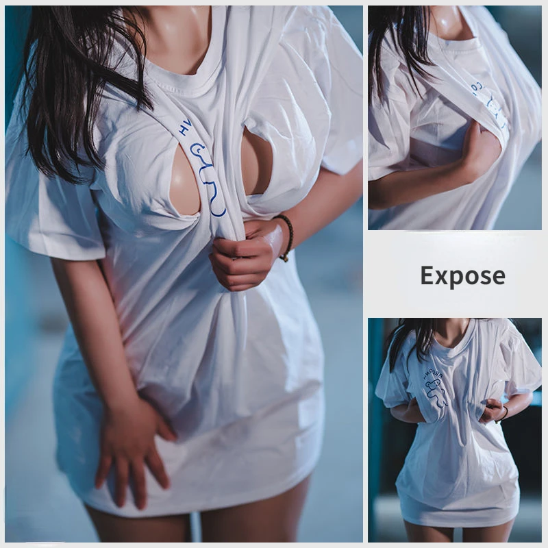 Woman Sexy Outdoor Sex T-Shirts Chest Exposed Costume Open Hole Shirt Erotic Breast Couple White Tanks Interesting Shirts