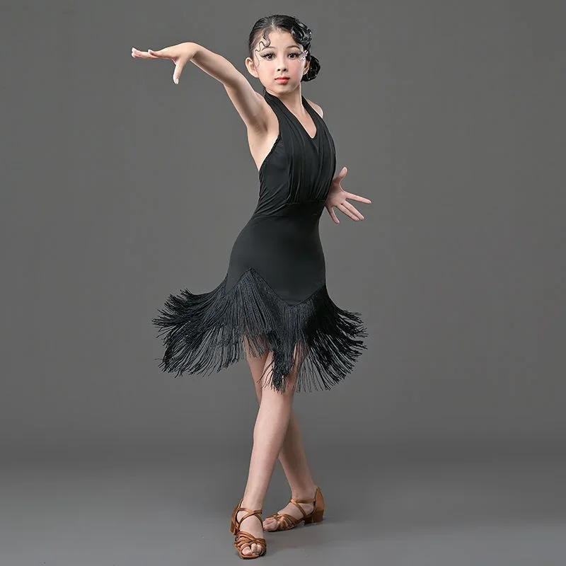 Vestido de dança latina infantil com pendão, vestidos tango, roupas de palco para meninas, salsa e salão de baile preto e vermelho