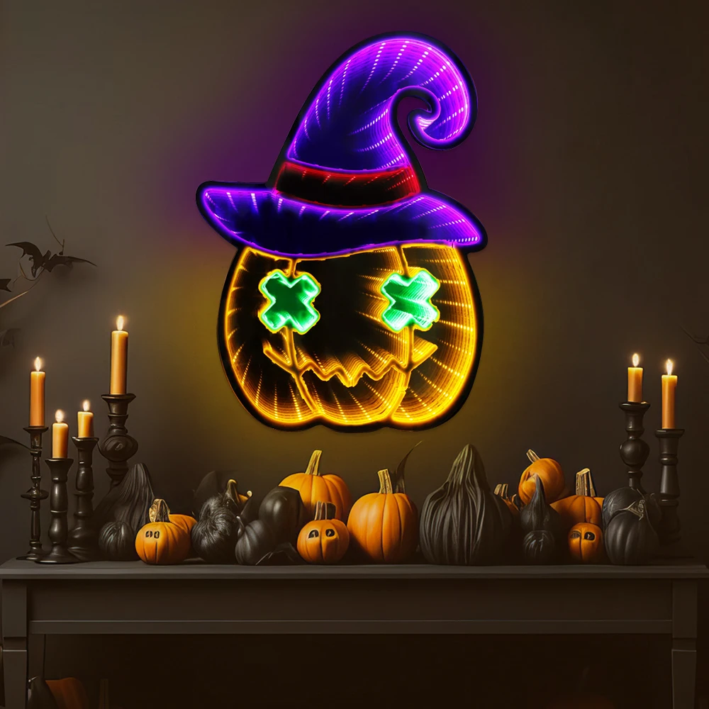 Luz LED de neón con espejo infinito, letreros de calabaza, fantasma, murciélago, regalo personalizado para niños, Club, Bar, hogar, dormitorio, al aire libre, regalo de Halloween