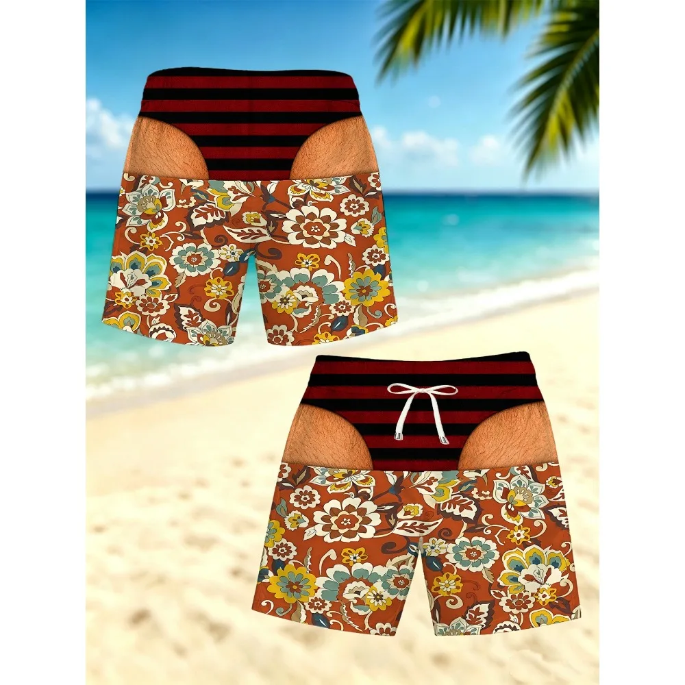 Funny Fake Striped Bikini Waist Men Swim Trunks Vintage Floral Print Quick Dry Beach Shorts Gag Gift