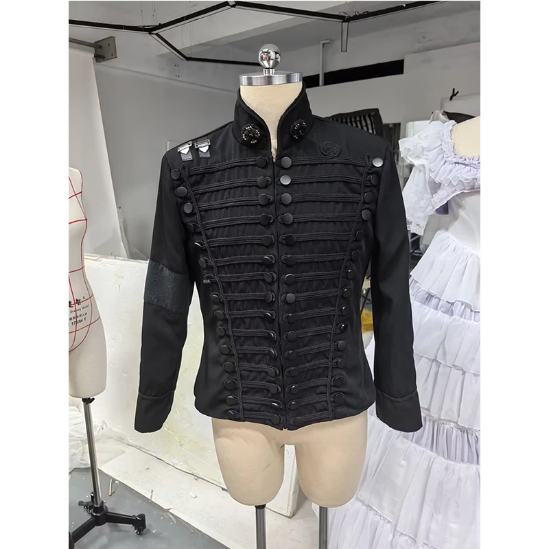 

Custom Made Super Singer Stage Perfermance Black Jacket Mens Military Hussar Jacket With Black Trims Coat