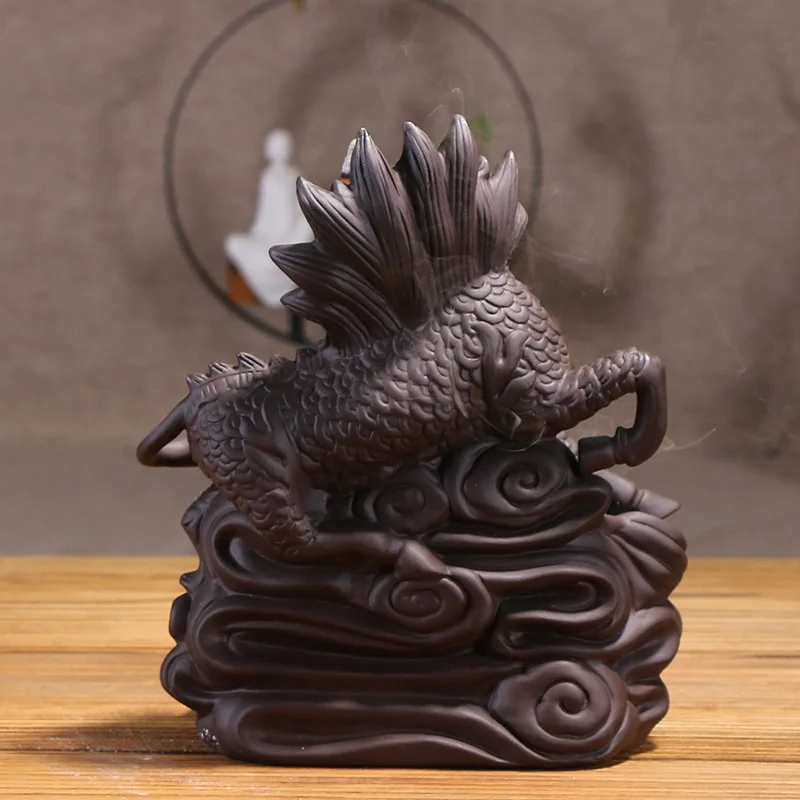 Chinese Dragon Lucky Handicrafts Home Decor Ornaments Waterfall Backflow Incense Purple Clay Holder Censer