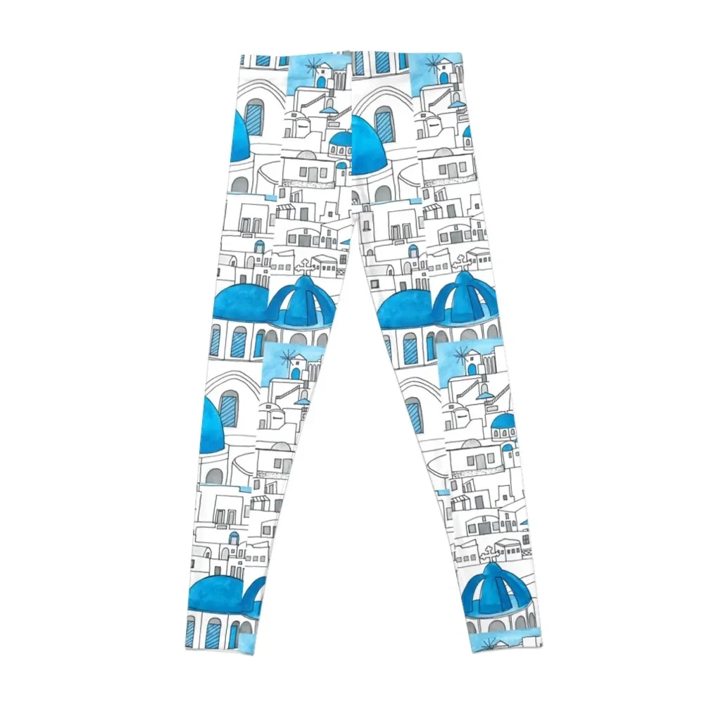 Santorini Blue and White Paradise Leggings gym wear Sportswear woman gym gym's sportswear Womens Leggings