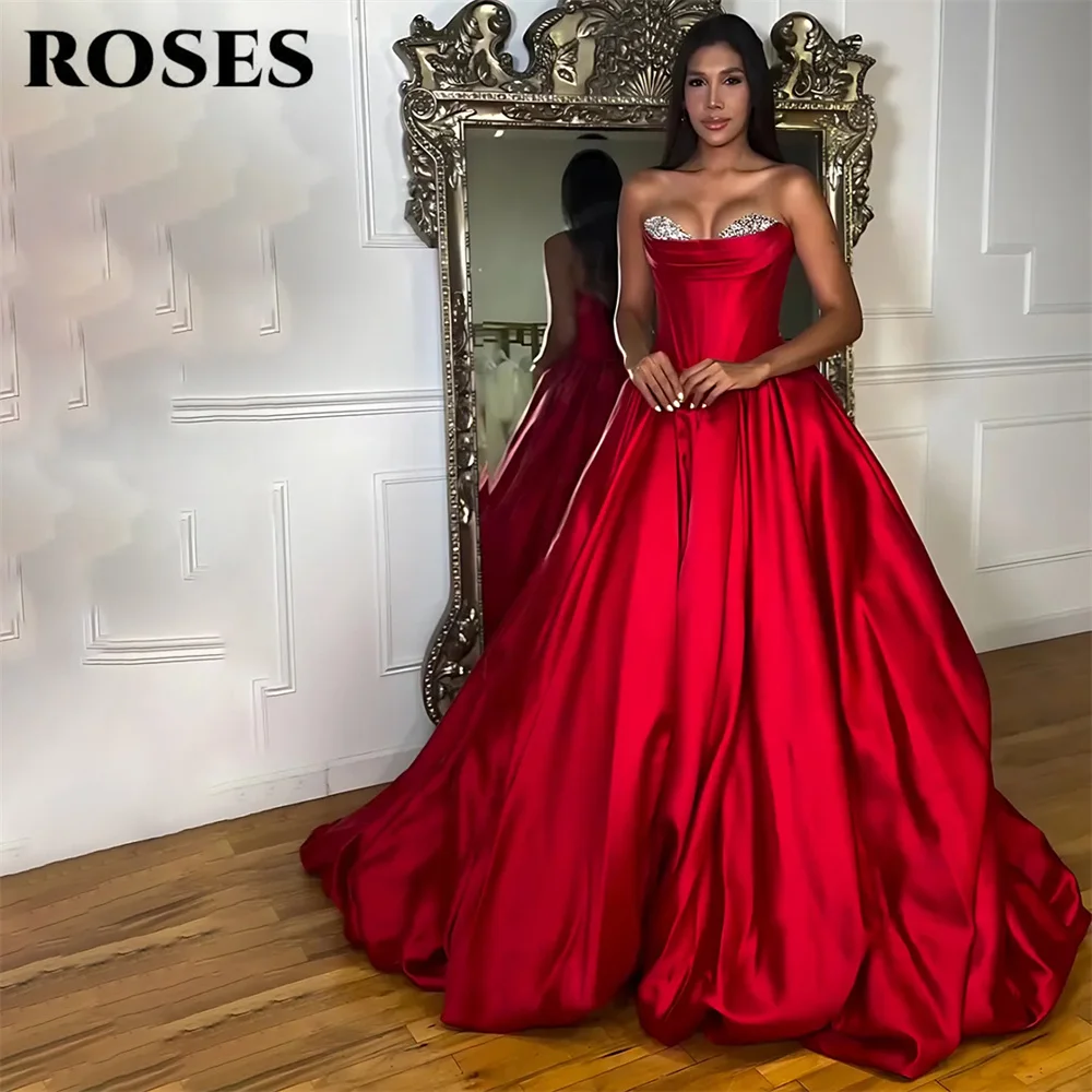 

ROSES Red Party Dress Strapless Sleeveless Evening Dress A Line Satin Pleated Party Gown Simple Prom Gown for Women Customized