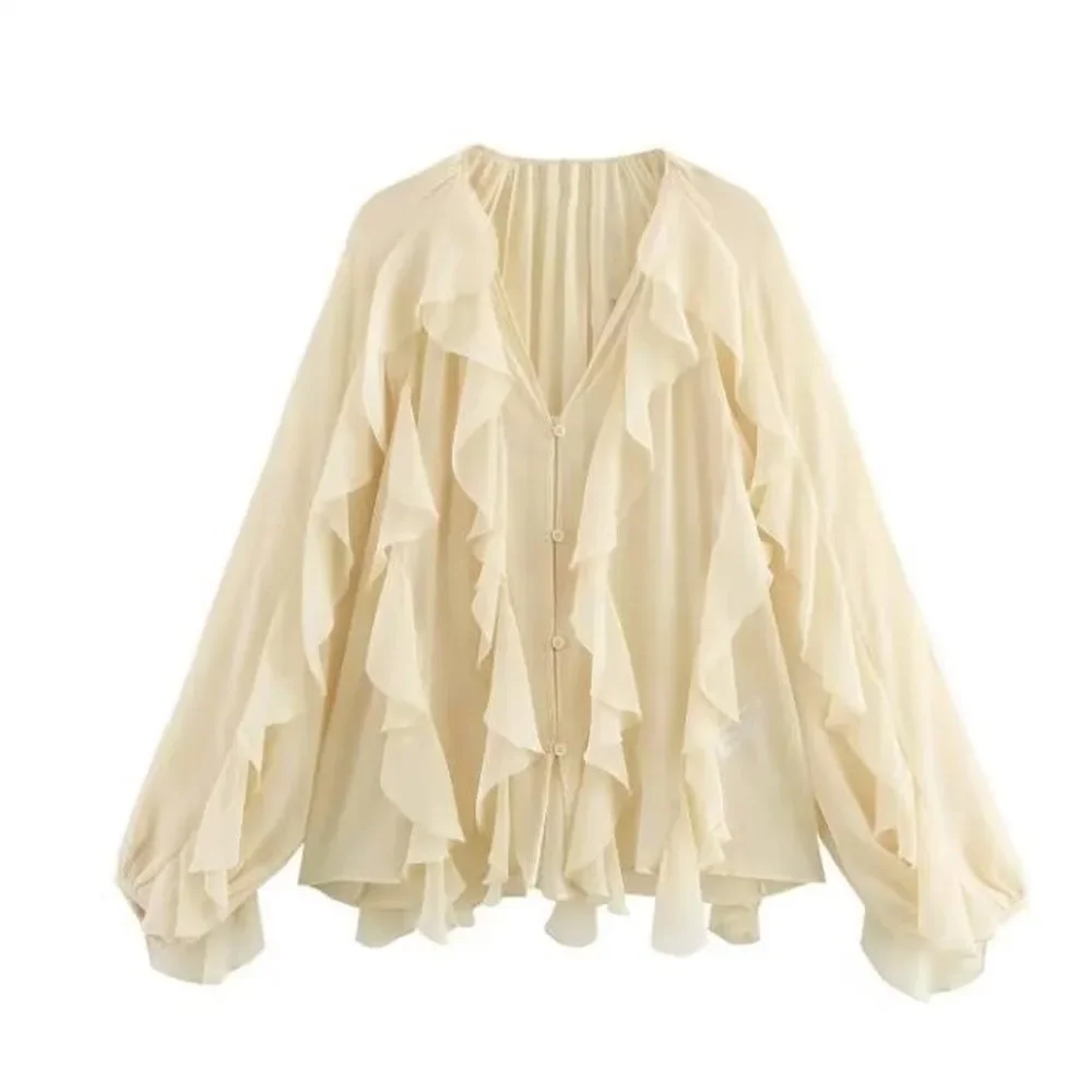 

2025 Spring And Summer New Women's Hot Girl Style Loose Layered Decorative Ruffled Stand Collar Long Sleeve Shirt