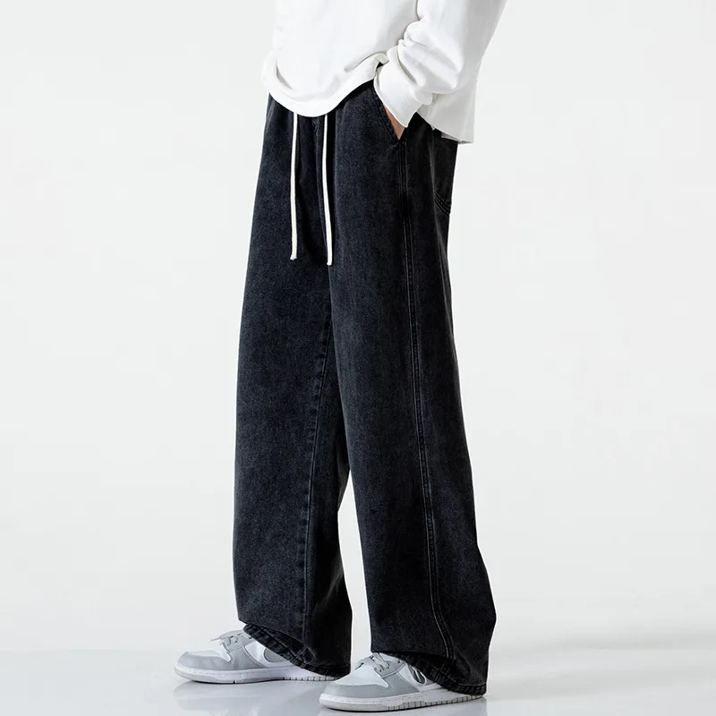 

Summer Thin Straight Leg Wide Leg Pants Elastic Waist American High Street INS Match Long Trousers Trendy Jeans for Men
