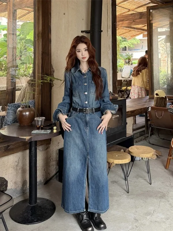 

Ретро-платье женское винтажное с эффектом потертости, больших размеров, с разрезом, с высокой талией, А-силуэт, длинная юбка, с воротником, летнее, новый стиль, приталенное