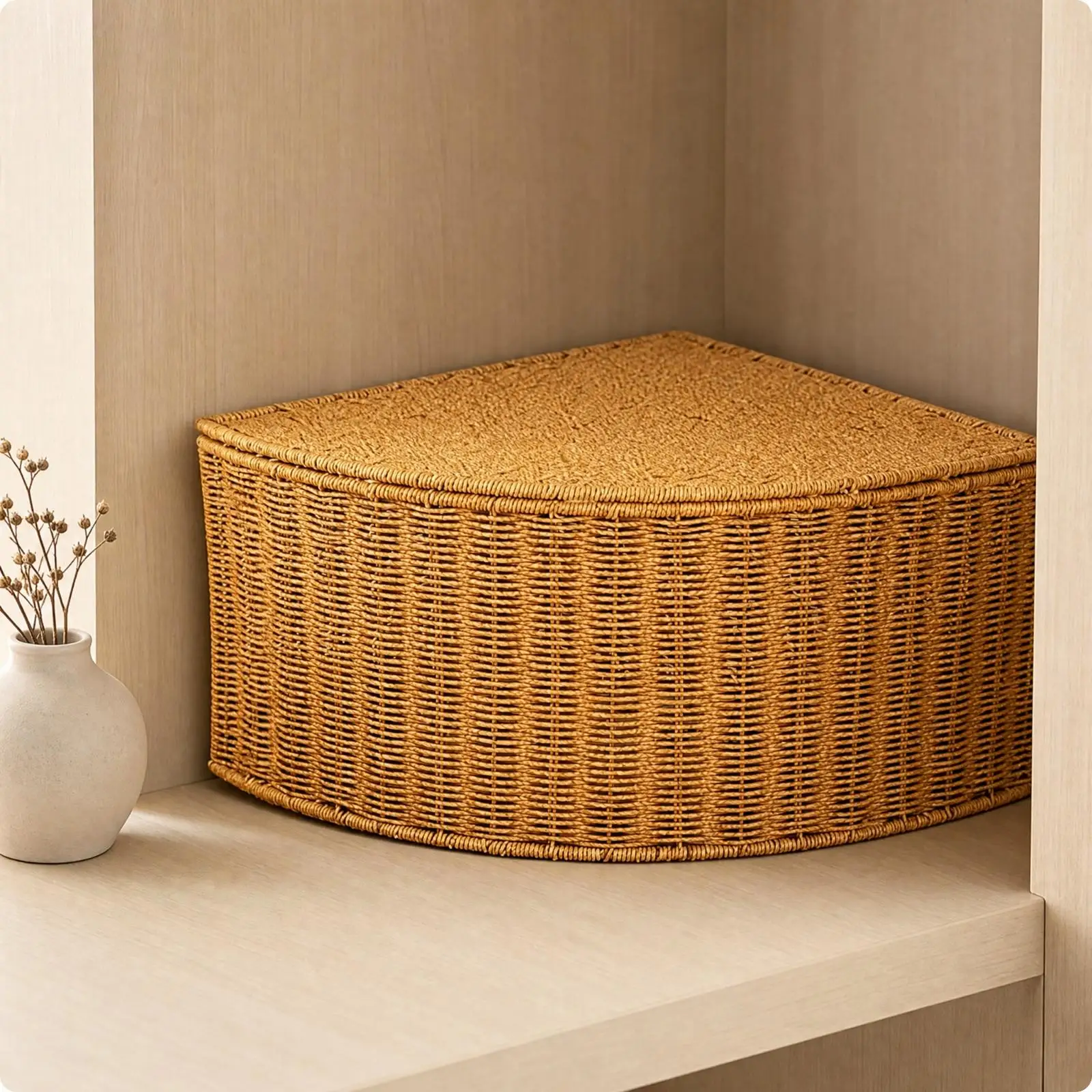 Braided Corner Storage Basket with Cover for Small Spaces Plastic Organizer Container for Toys Clothes Linens and Daily