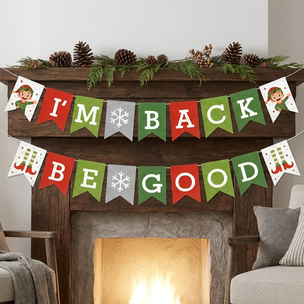 Weihnachtselfen-Banner „Ich bin zurück, sei ein guter Elf“ auf dem Kaminregal, Weihnachts-Wandbehang, Heimdekoration – Detail 2