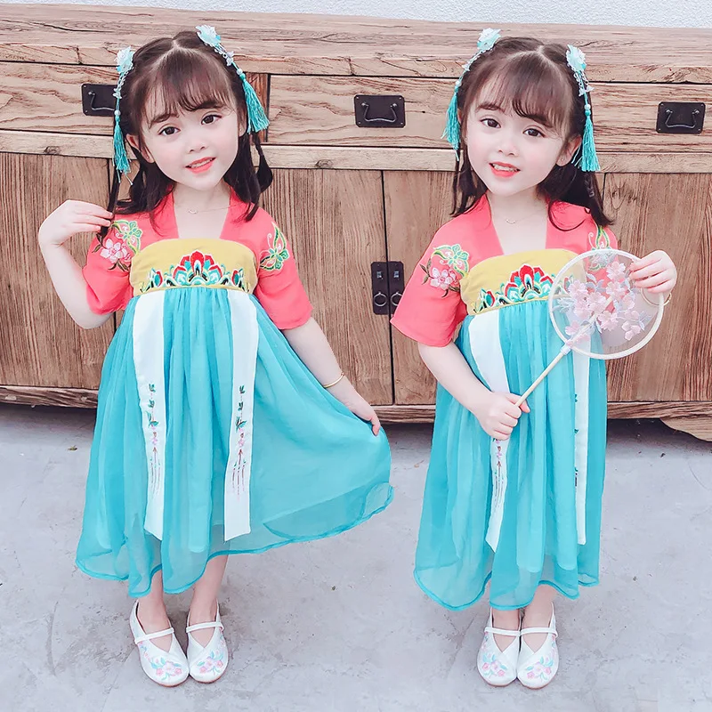 

Chinese Lovely Spring Summer New Girls Tang Suit Short Sleeve Kids Perform Costumes Children Embroidery Ancient Hanfu