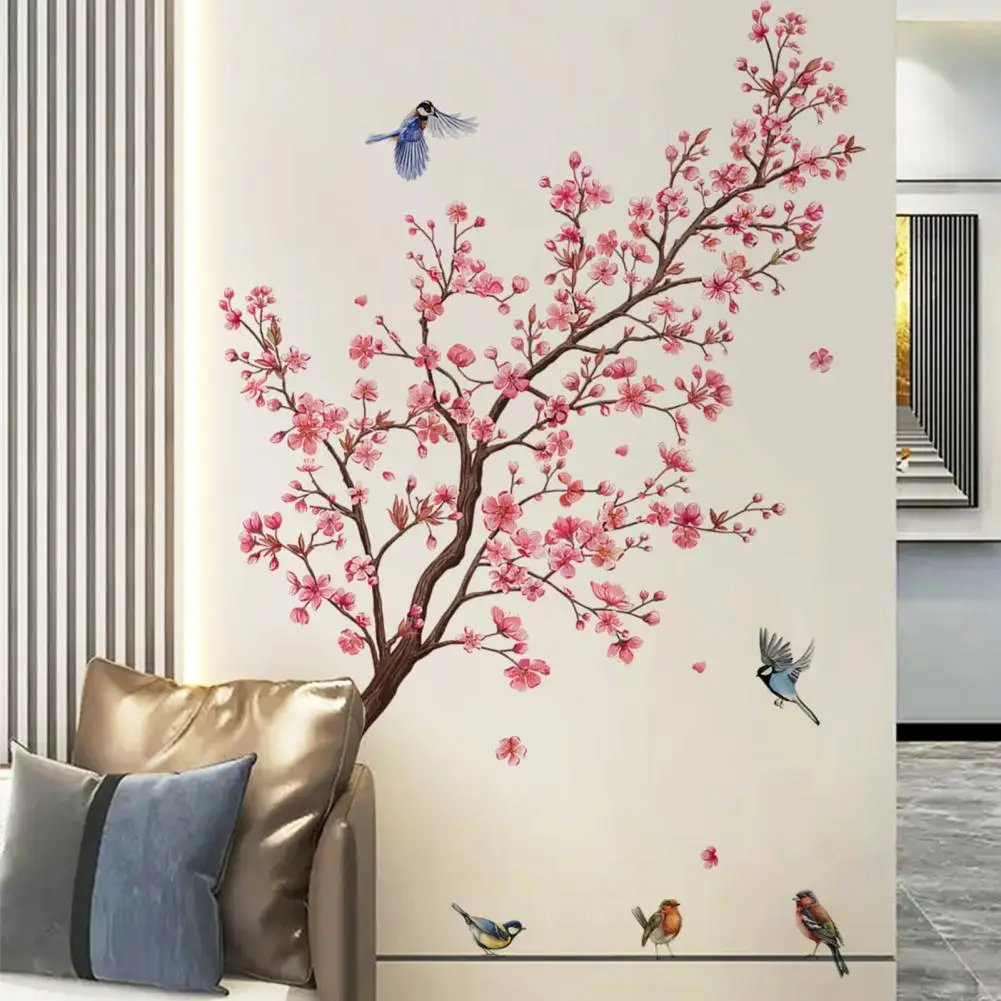 2 Sheets/Set Flower Tree Wall Sticker Pink Blossom Bird Waterproof PVC Removable Living Room Bedroom Modern Wall Art Decoration