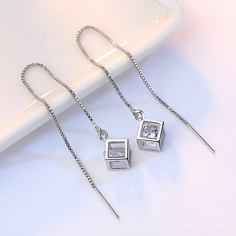 Trendy Piercing Ear Line Drop Earrings Dangle Rubik Shiny CZ Stone Filled Long Box Chain Charming Female Earring Accessory Gifts