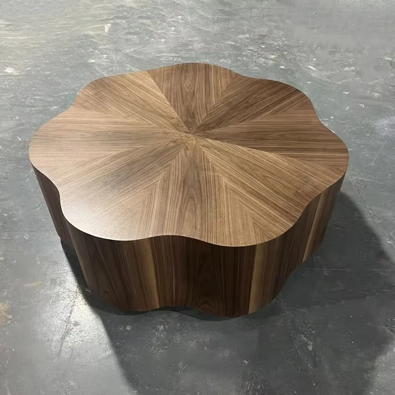 Indoor Furniture Nordic Round Dum Wooden Veneer Lotus Shape Center Table Walnut Storage Coffee Table for Living Home