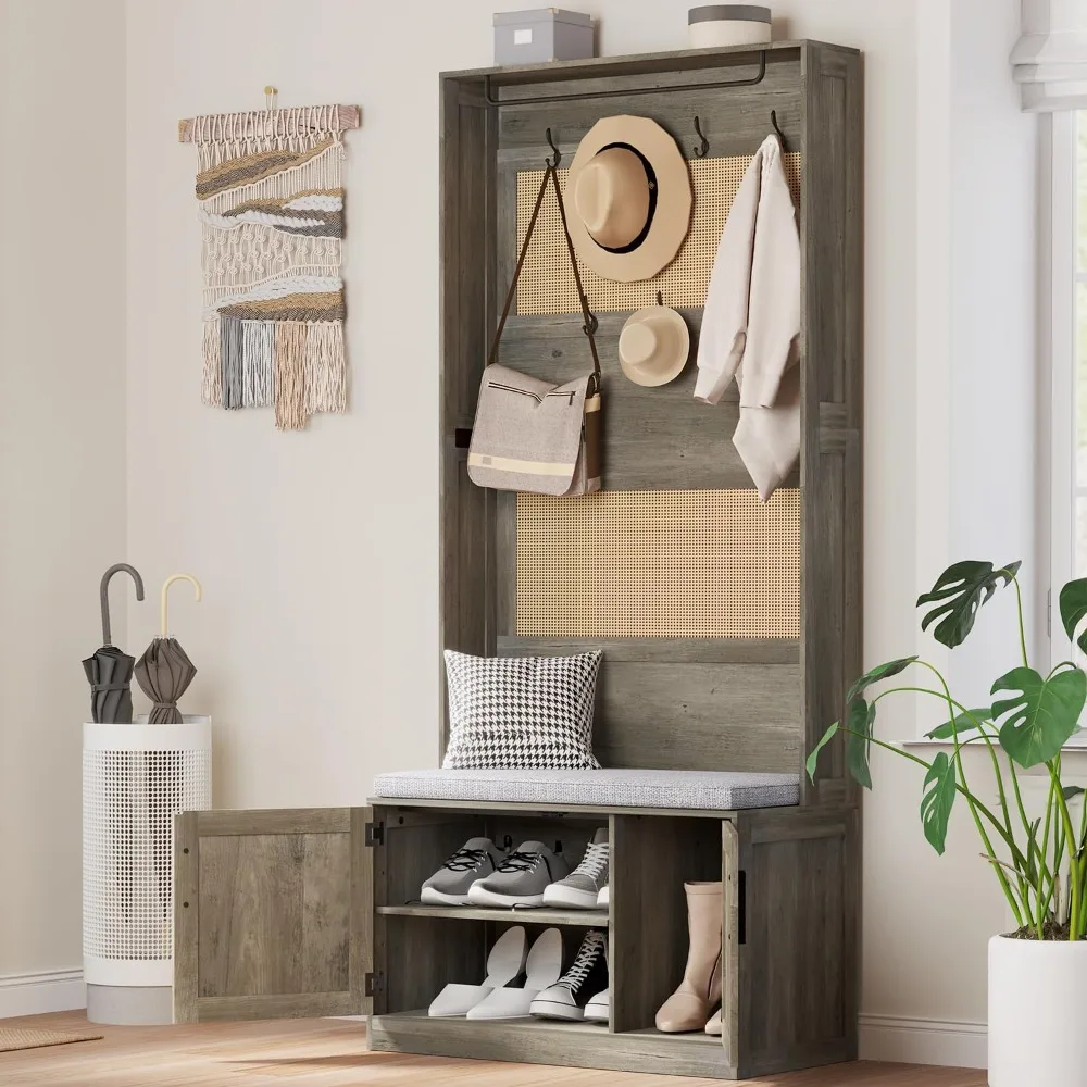 

Hall Tree with Bench and Shoe Storage, 5-in-1 Entryway Bench with Coat Rack, Padded Seat Cushion, 7 Tri-Hooks, Adjustable Shelf,