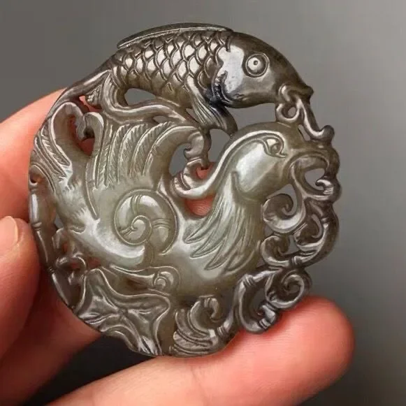 Chinese Two-sided Hollow Out Carved Fish and Phoenix Xiuyu Jade Pendant