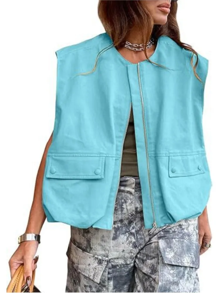 Women's Zip Up Vest Fashion Sleeveless Loose Jacket Solid Color Oversized Jackets 2025 Spring Autumn Casual Street Style Tops