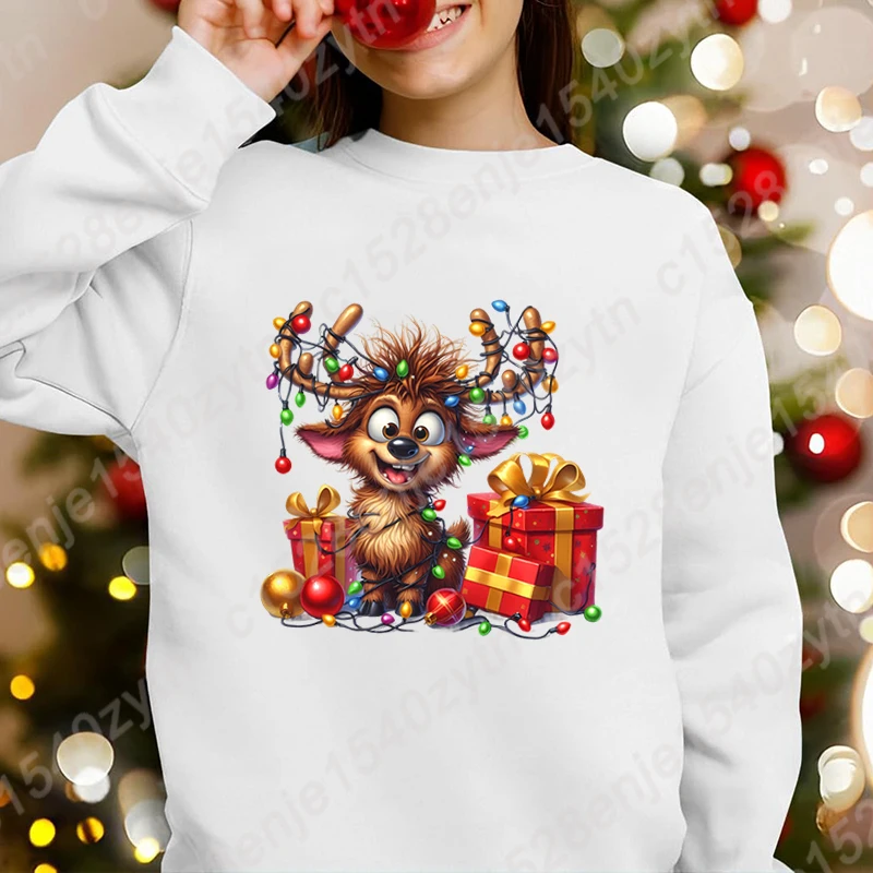 

Christmas Light Reindeer Round Neck Sweatshirts Children Casual Long Sleeve Hoodless Pullovers Kids Boys Girls Popular Soft Tops