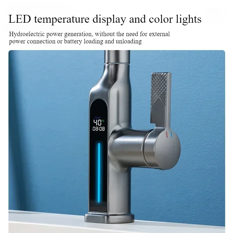 Bathroom sink faucet LED display temperature silver multifunctional pull-out faucet