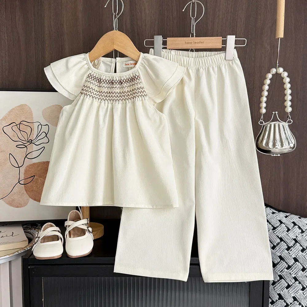 

Summer New Solid Color Girls' Suit Korean Version Double Layered Flying Sleeve Wave Embroidered Top+Pants Set for 3-7 Year Old