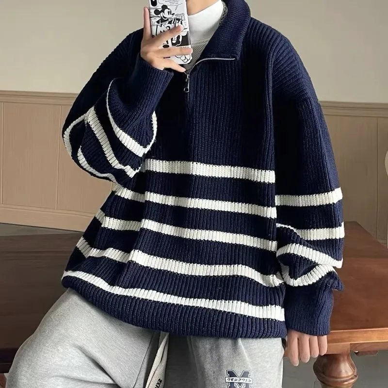 Striped Sweaters Men Stand Autumn Winter Teenagers All-match Knitwear Temperament Tender Japanese Style Harajuku Streetwear