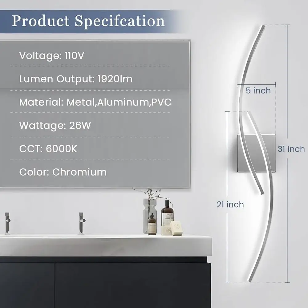 모던 LED 욕실 조명 24W 크롬 피팅 거울 조명 31인치 방수 아크릴 쉐이드 6000K 밝은 빛