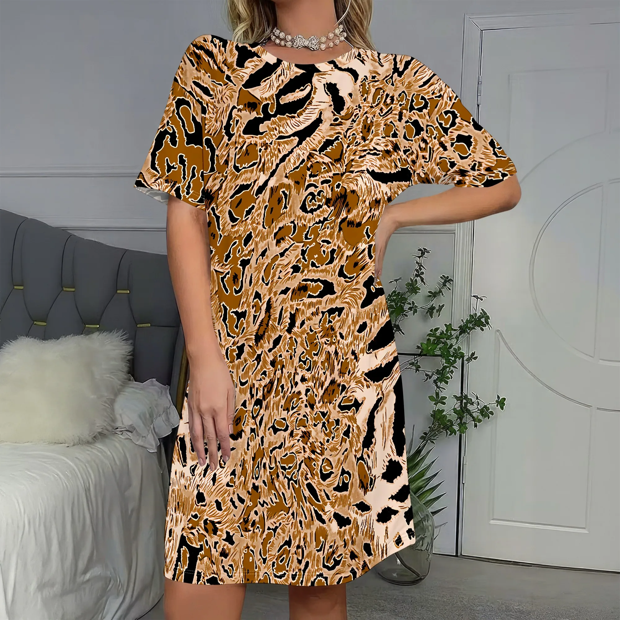 

Bold Animal Print, Short Sleeve Dress, Leopard Pattern, Tunic Style, Casual Wear, Beach Outfit, Party Look, S-2XL