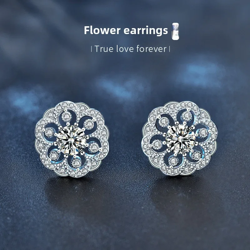 Fashion 925 sterling silver moissanite flower stud earrings for women, anniversary birthday gift