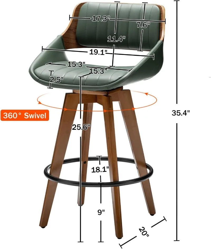 Swivel Bar Stools Set of 2 Mid Century Modern Faux Leather Upholstered Counter Height Barstools Island Wooden Bar Chairs Green