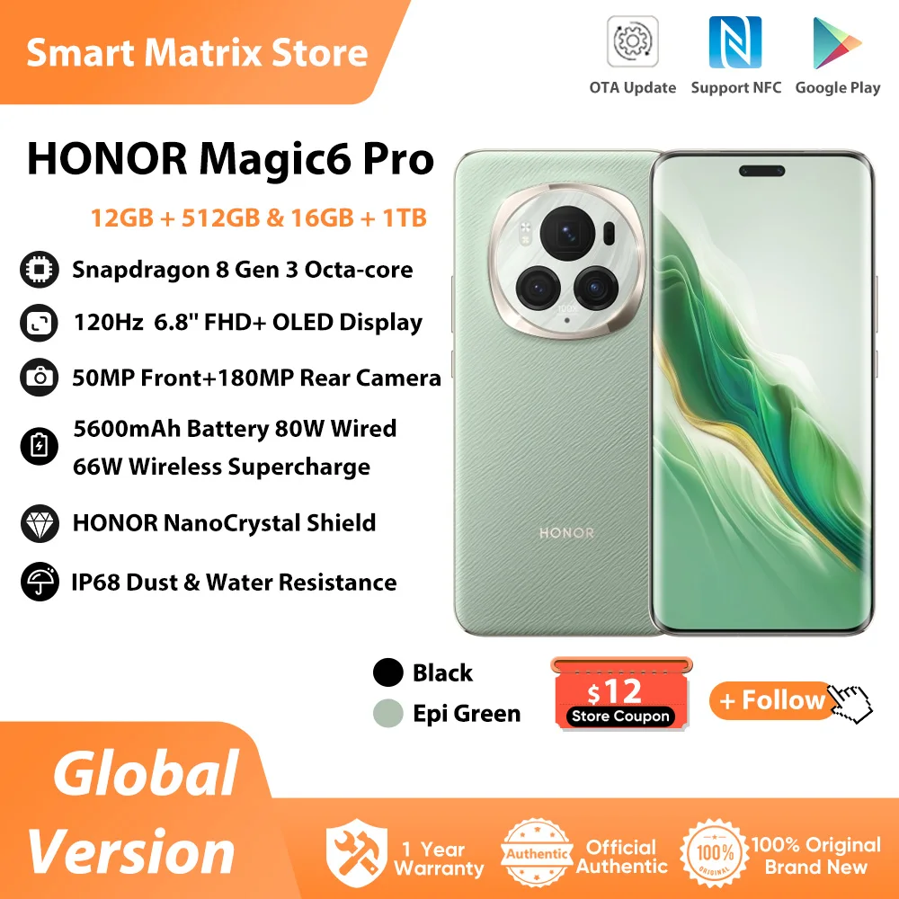 

HONOR Magic6 Pro Global Version 5G Smartphone Snapdragon 8 Gen 3 6.8'' Floating Screen 180MP Periscope Telephoto Camera