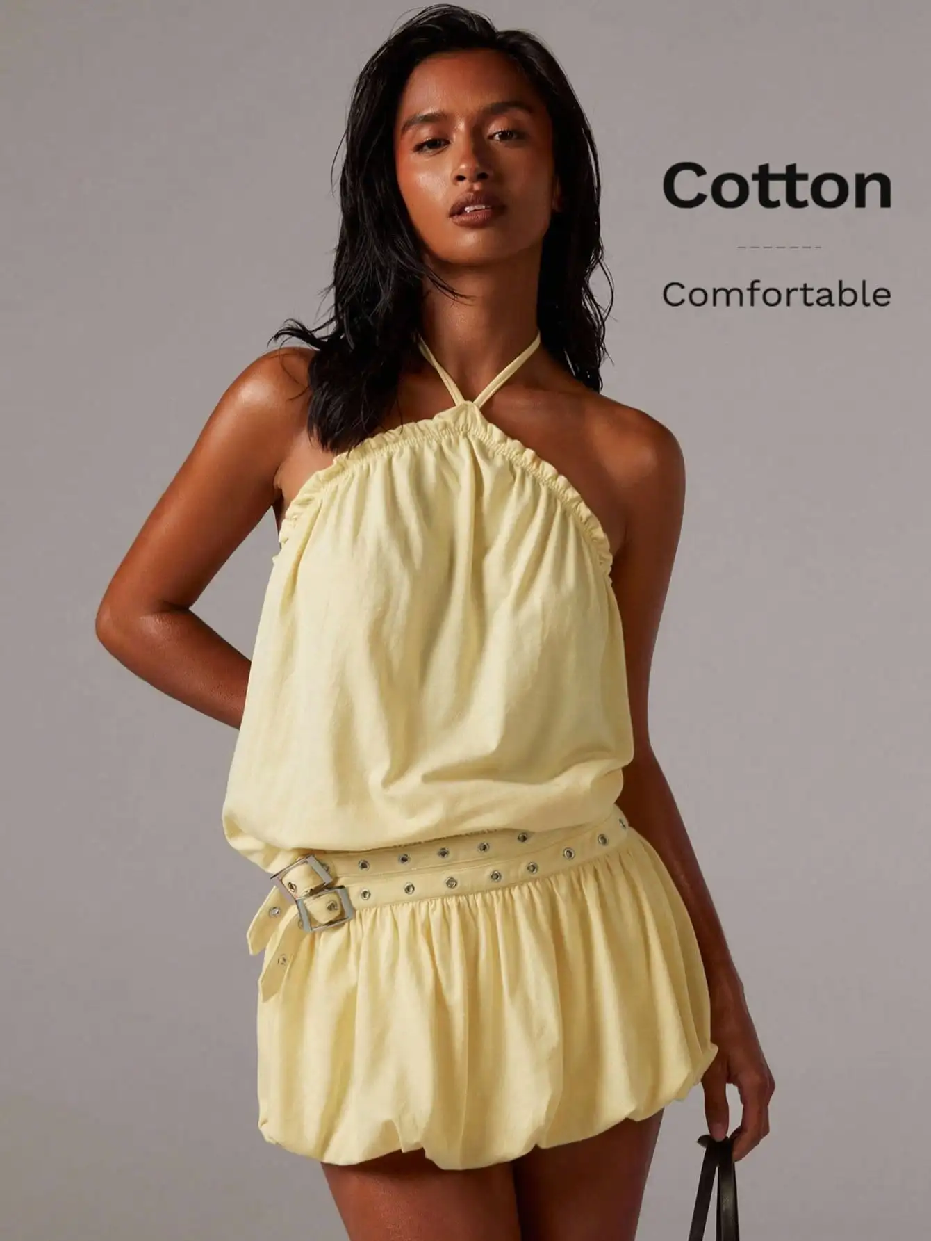 

Women's Cotton Halter Neck Backless Mini Dress with Built-in Shorts