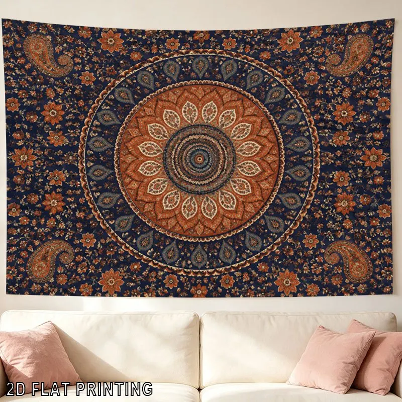 Mandala Floral Tapestry, Navy Blue Orange Paisley Flower Pattern, Vintage Bohemian Ethnic Wall Hanging for Bedroom Dorm Decor