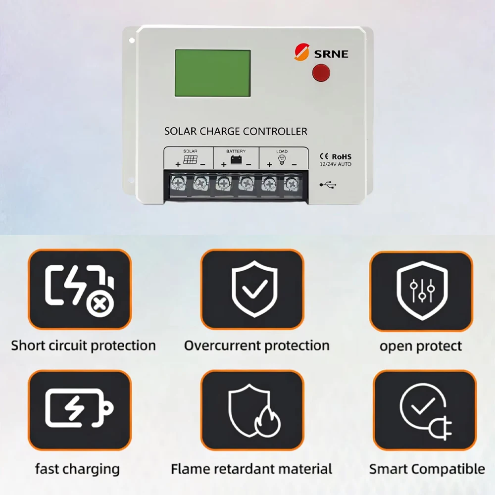 SRNE PWM Solar Charge Controller 12V 24V DC HC2410 10A 20A 30A 40A Time Light Control Dual USB Output Support Lithium