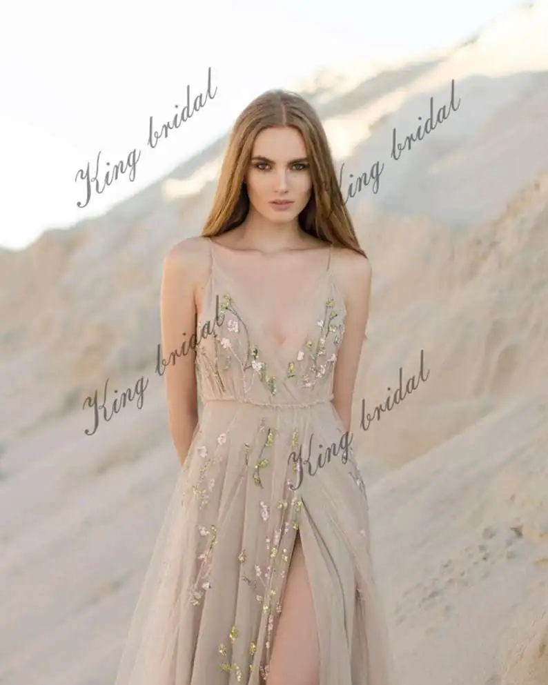 فستان زفاف بفتحة من التول مفتوح الظهر لحفلات الزفاف مطرز يدويًا بدون أكمام على شكل حرف a فستان زفاف فساتين سهرة للحفلات الراقصة