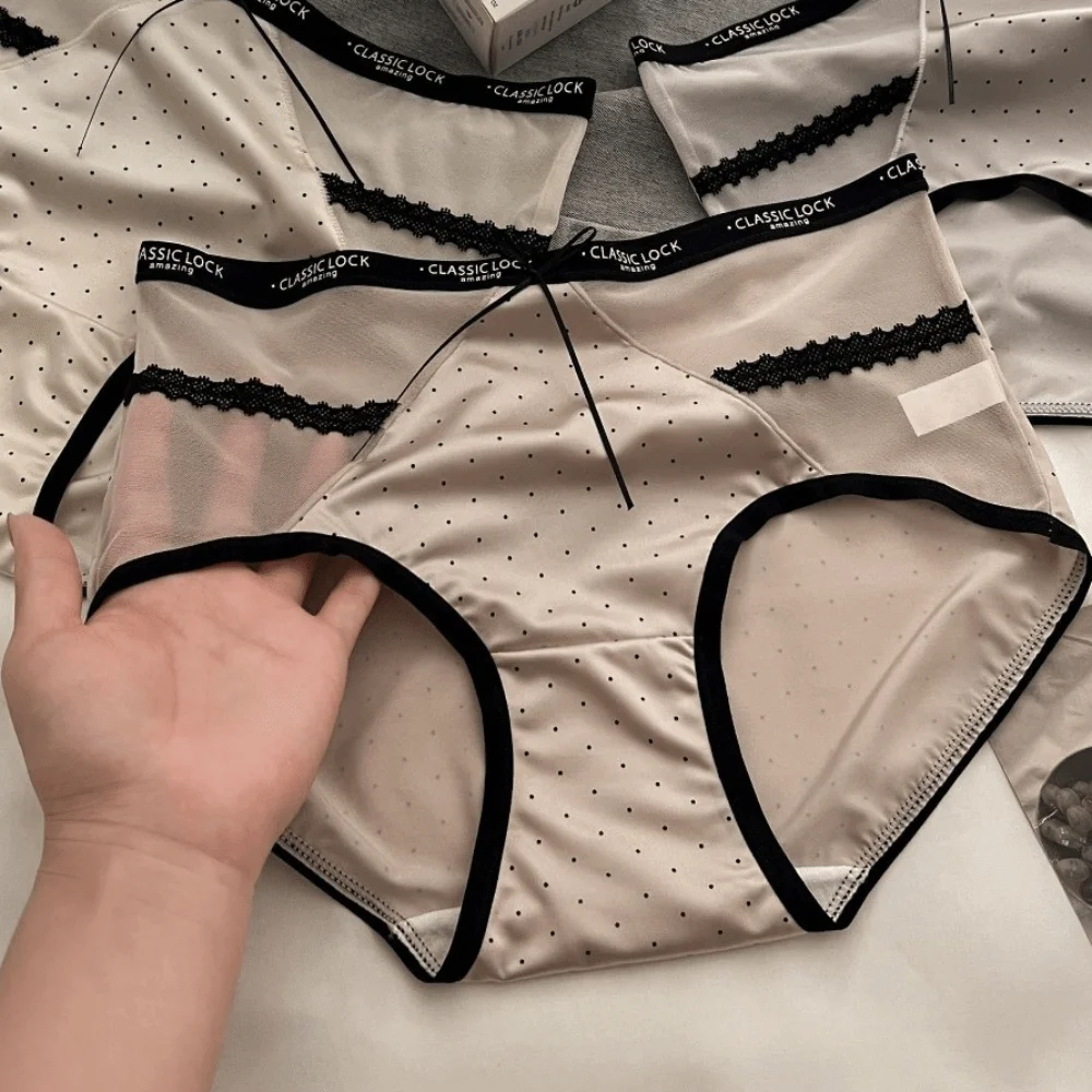Light Thin Mesh Women's Underwear Bow Hollowed-out Wave Point Underpants Satin Seamless Briefs Women