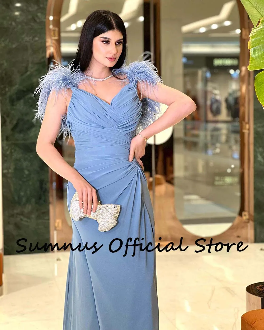 Sumnus Black Feather Straps Evening Dresses Side Split Sexy V Neck Pleats Chiffon Long Party Prom Dress Formal Robe de Soiree