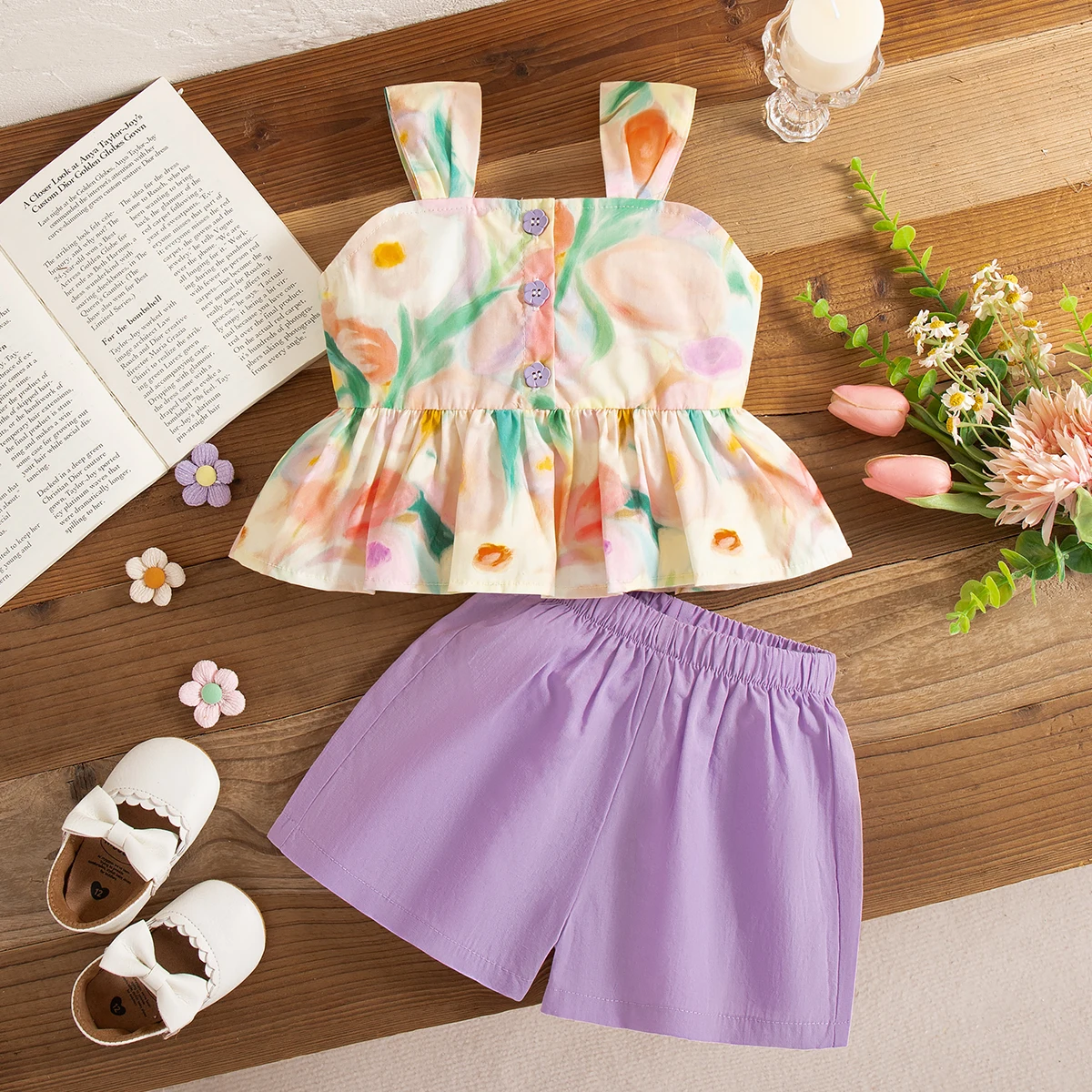 2pc/Set Baby Outfit Set Summer Full Print Button Sleeveless Top Solid Color Shorts Baby Girl Set Cute Casual Beach Baby Clothes