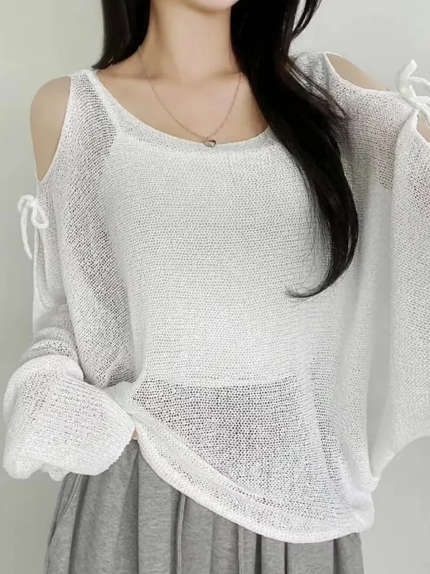 

Korean Sle Loose See-tough Thin Sun Protection Knitted Top oulder-baring Hollow-out Design Faionable Women's Pullover