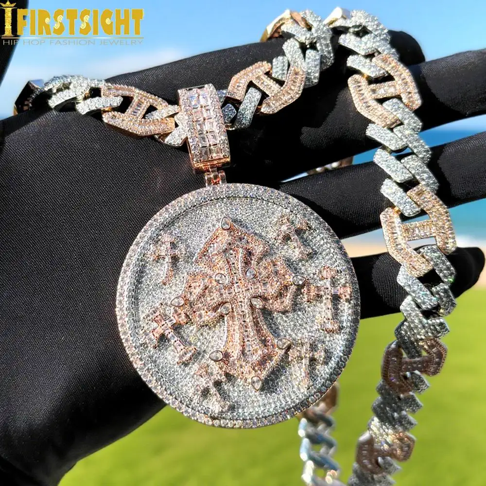 

New Iced Out Cross Pendant Necklace Two Tone Color Bling Zircon CZ Heavy Chunky Round Badge Charm Men Fashion Hip Hop Jewelry